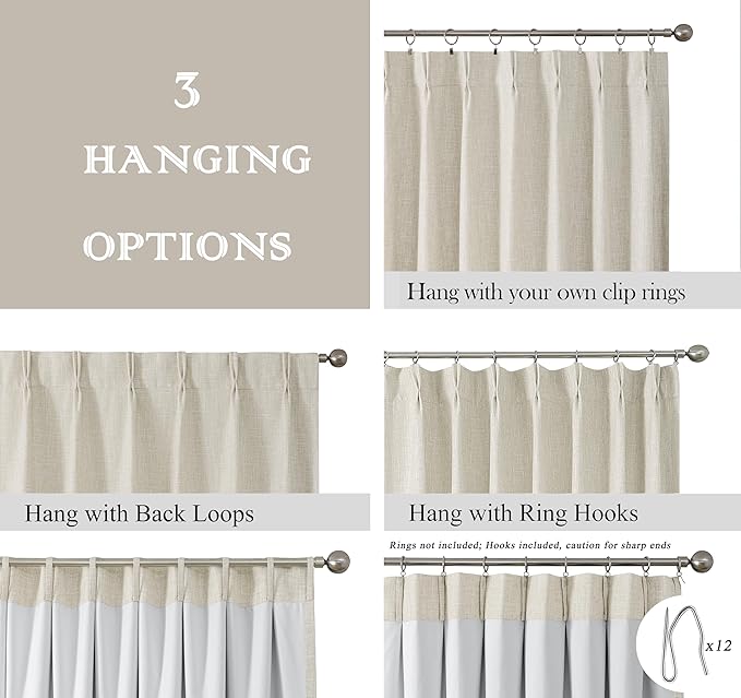 Pinch Pleated Full Blackout Curtains Linen Texture Noise Reducing Window Treatment Panel 102 Inches Long for Living Room Bedroom Thermal Insulated Back Tab Drapes with Hooks, Sand/Linen, 60"Wx102"Lx1