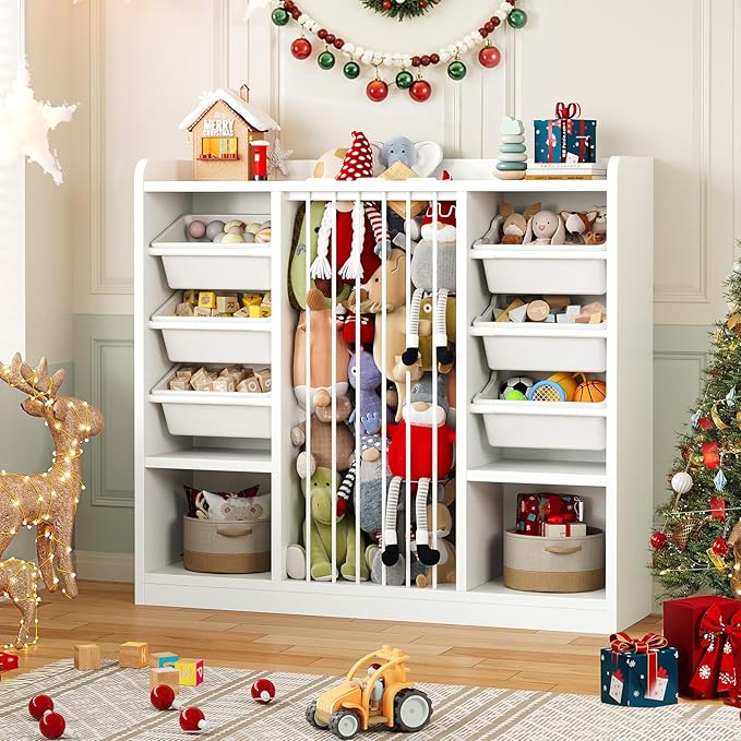 ONBRILL Toy Storage Organizer with 6 Removable Plastic Bins, Toddler Stuffed Animal Storage, Toy Box Cabinet with 2 Open Cubbies, Book Shelf for Kids Room Playroom Bedroom Nursery (White)