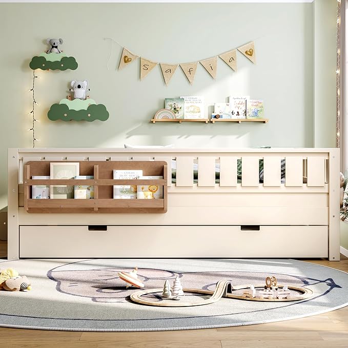 Bellemave Full Bed with Trundle and Stairs, Full Size Platform Bed Frame with Fence and Bookshelf, Easy Assemble Beds for Kids, Girls, Boys, Beige