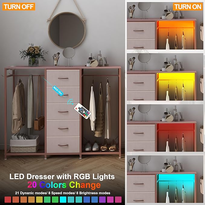 Dresser for Bedroom with Clothes Rack 5 Drawer Dresser with Charging Station LED Lights White Chest of Drawers Flexible Shelf and Open Storage Space for Bedroom Living Room (Pink)