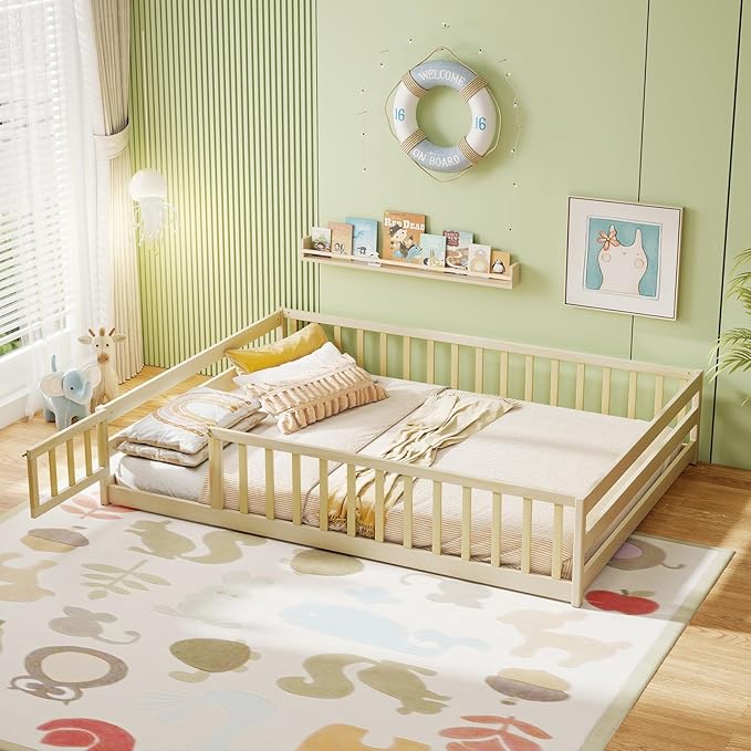 KOMFOTT Full Size Wood Floor Bed with Door & Fence, Montessori Bed Frame with Full Length Safety Guardrails, Door & Latch, Wooden Montessori Floor Bed for Kids, Girls, Boys (Full,Natural)