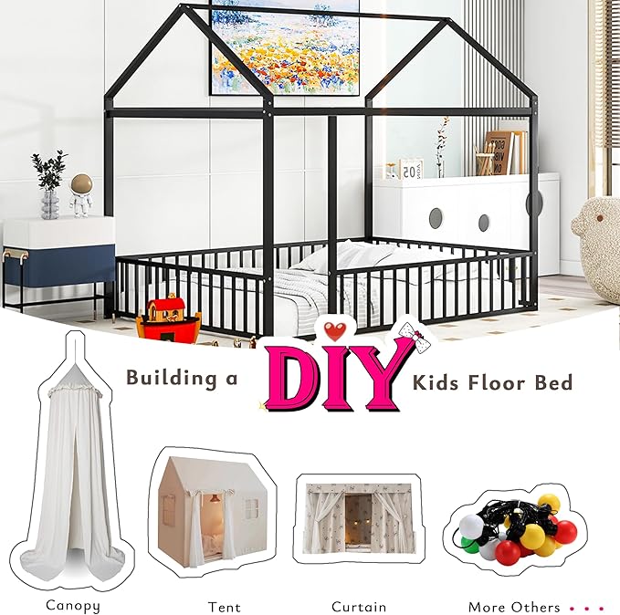 Bellemave Full Size Montessori Floor Bed, Metal House Bed Framefor Kids, Montessori Floor Beds with Fence, Playhouse for Kids, Black