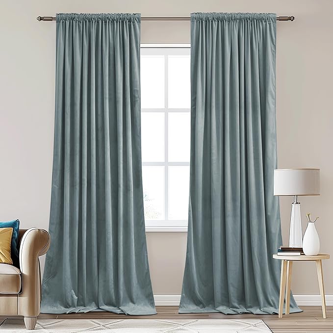 StangH Stone Blue Velvet Curtains 62x96 inches Back Tab Thermal Insulated Room Darkening Window Panels Privacy Heavy Room Dividers for Bedroom Office, W62 x L96, 2 Panels