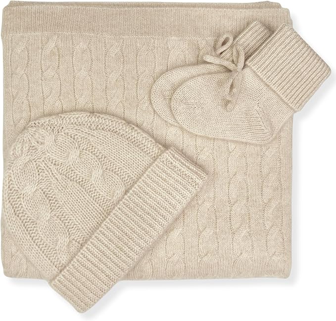 Jet&Bo BABY 100% Cashmere Baby Blanket, Beanie and Booties Gift Set Cable Knit Design in Brown Sugar – Unisex, Size 0-6 Months - Gift Box and Card Included
