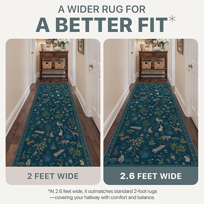 Runner Rug Non Slip 2'6''x 6', Floral Animal Print Rug Machine Washable Rug, Non Slip Low Pile Hallway Runner Carpet for Kitchen, Laundry, Bedroom, Bathroom, Midnight Blue