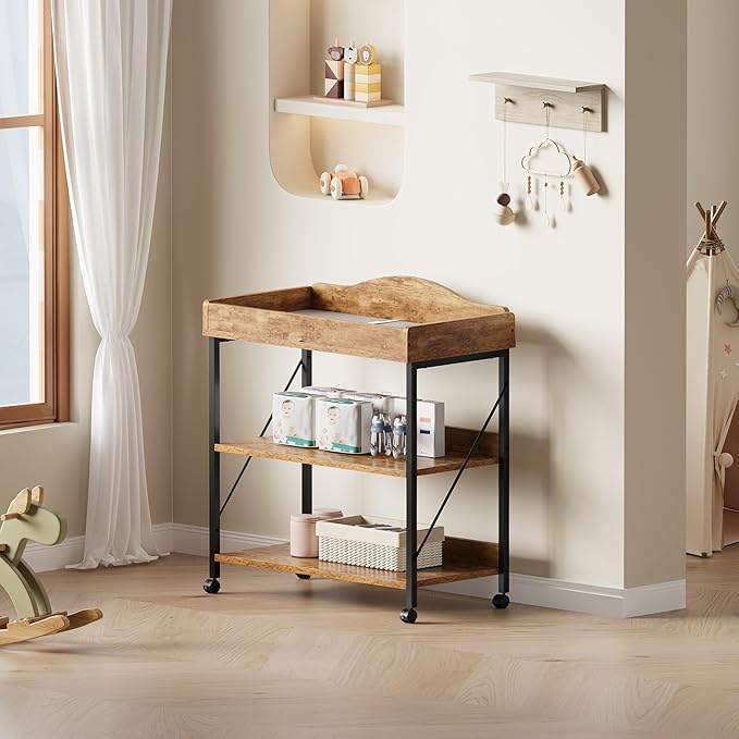 Baby Changing Table, Diaper Changing Station with Pad and Wheels, Two-Tier Open Storage Shelves, Waterproof Diaper pad & Safety Strap,Compact Baby Furniture for Nursery, Rustic Brown