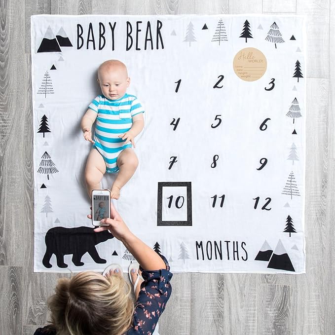 Pondering Pine Organic Baby Monthly Milestone Blanket Boy - Baby Bear Blanket with Month Marker Frame and Newborn Announcement Disc - 1-12 Months Milestones, Woodland, 47”x47”
