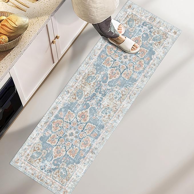 Vhong Washable Area Rugs Boho Vintage Neutral Modern Small Carpet Pale Blue 2x6 Non Slip Runners for Kitchen Laundry Bedroom Living Room