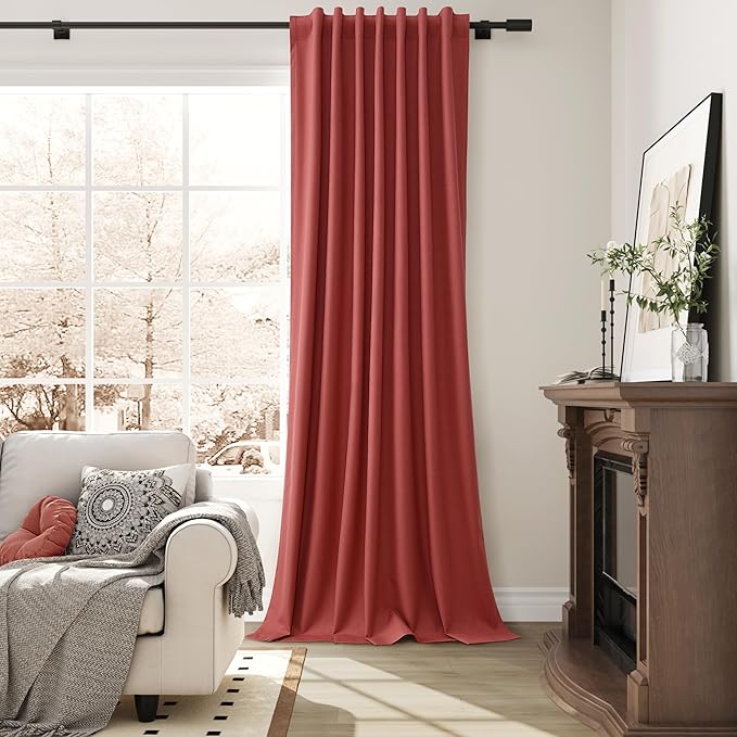 Guken Red Linen 100% Blackout Curtains 108 Inches Long for Living Room 2 Panels Set Textured Black Out Thermal Insulated Privacy Room Divider Back Tab Hook Belt Patio Curtains for Sliding Door 52x108