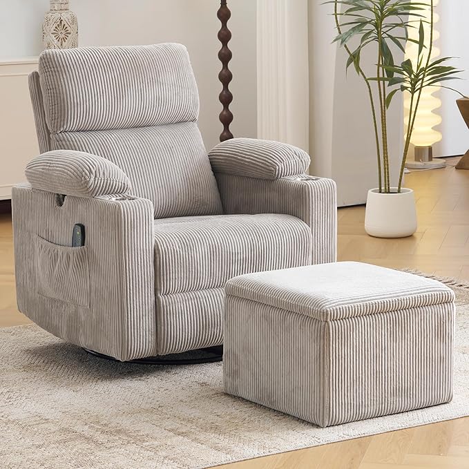 Oversized Power Recliner Chair Swivel Glider with Massage and Heat, Swivel Rocker Recliner with Adjustable Armrests, 26" Wide Nursery Chair with Storage Ottoman, Rocker Nursery Recliner,Corduroy Grey