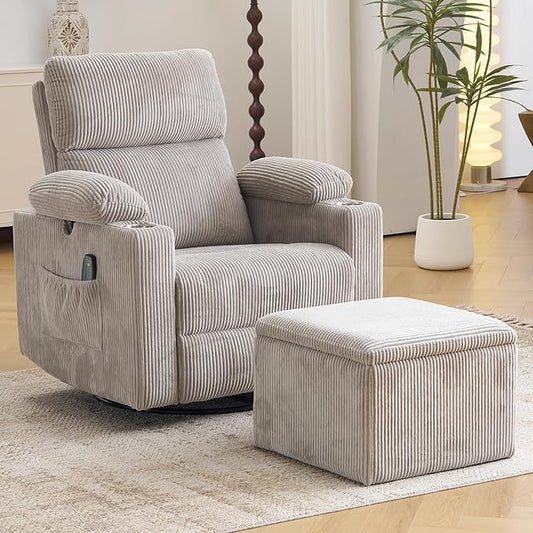 Oversized Power Recliner Chair Swivel Glider with Massage and Heat, Swivel Rocker Recliner with Adjustable Armrests, 26" Wide Nursery Chair with Storage Ottoman, Rocker Nursery Recliner,Corduroy Grey
