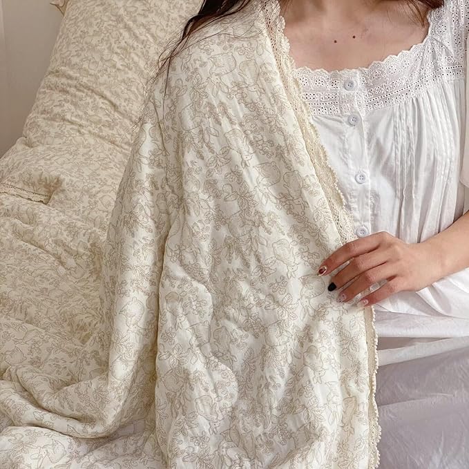 BuLuTu Muslin Cotton Full/Queen Bed Quilts for Kids Teens Vintage Boho Comforter with Lace Edges Soft Thin Comforter Rabbit Floral Quilted Blankets, 79"x90", No Pillowcases