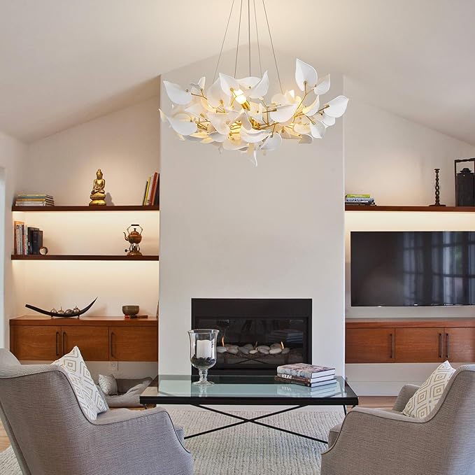 YUYI 31.5" Gold Tree Branches Chandelier, Ceramic Hearted Leaf Chandelier, Modern Round Chandeliers for Dining Room, Living Room Over Table, Kitchen, Foyer, Bedroom, Elegant Art Deco