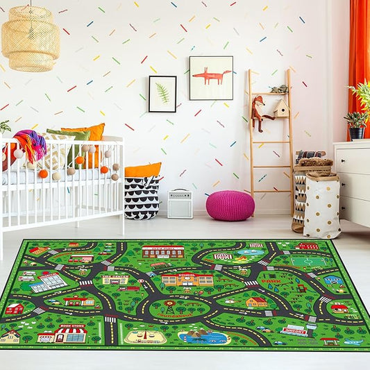 Tinideya Kids Carpet Playmat Rug Player Car Rug, 4 x 6 ft Traffic Map Mat Educational Game Area for Toddler Children Playroom Classroom Bedroom (City, Green)