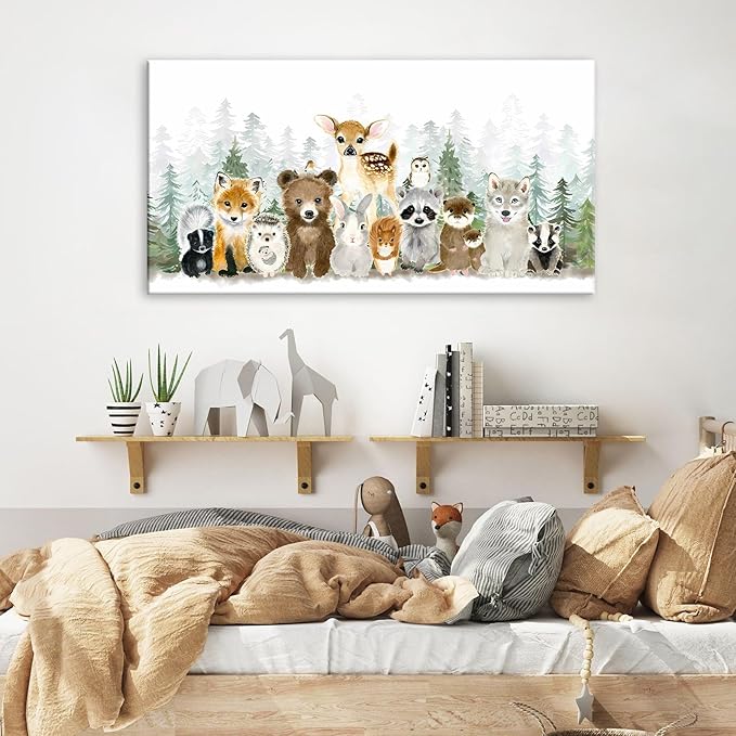 Woodland Animal Nursery Wall Art Watercolor Forest Baby Animal Nursery Wall Decor Printing Framed Fox Bear Deer Watercolor Poster Paintings Pictures for Boys Room Girls Room Home Decoration 8x16in