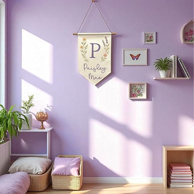 Custom Name Banner Faux Embroidery Nursery Wall Hanging - Boho Baby Girl Room Decor – Kids’ Name Sign for Nursery, Bedroom, or Playroom (Purple Wildflower)