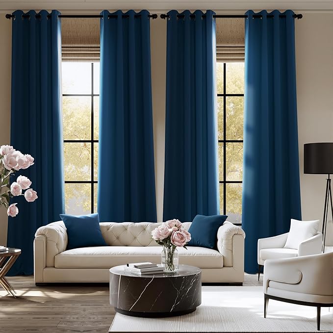 NICETOWN Morrocan Dark Blue Room Darkening Curtains 63 Inches Long 2 Panels for Living Room, Bedroom, Nursery Decor Thermal Insulated Blackout Drapes Grommet Noise Reducing Window Curtains, W40