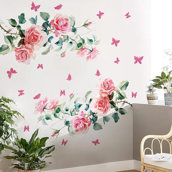 2Sheets Removable Pink Rose Vine Flowers Decals Green Leaves Decals DIY Pink Butterfly Wall Decal Self-Adhesive Wall Art Decor for Girls Room Living Room Bedroom TV Backdrop Decor