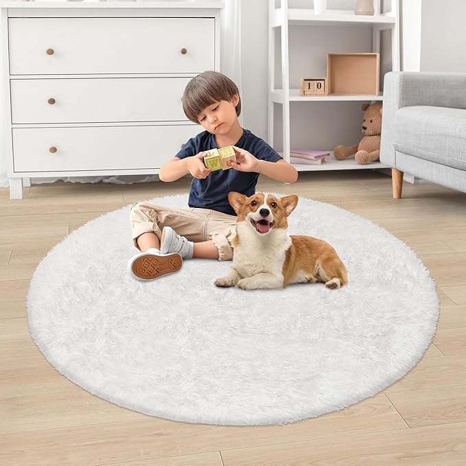 4 ft Round Fluffy White Rug for Bedroom,Tie Dyed Furry Round Carpet Non Slip Fuzzy Shaggy Plush Circle Area Rug for Living Room Teen's Room Nursery Room Playroom Kids Room Home Decor Washable