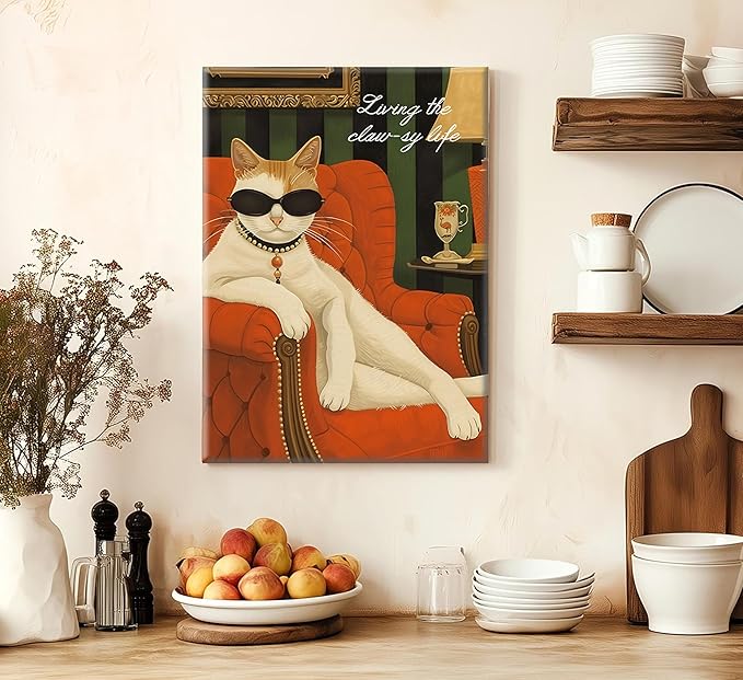 3Pcs Funny Cat Canvas Wall Art Elegant White Black Orange Cat Drinking Cocktail Painting Picture Wall Decor Luxury Feline Poster Print Bar Cart Artwork Decor for Bar Dining Room Bedroom Home Decortion