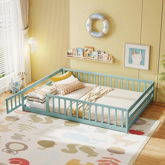 KOMFOTT Full Size Wood Floor Bed with Door & Fence, Montessori Bed Frame with Full Length Safety Guardrails, Door & Latch, Wooden Montessori Floor Bed for Kids, Girls, Boys (Full,Green)