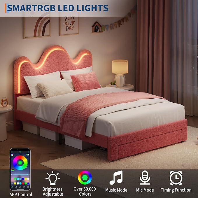 IDEALHOUSE Full Bed Frame with LED Headboard and Under-Bed Drawer, Metal Upholstered Platform Bed with LED Light for Kids, Girls, Lamb Fleece Fabric, Wooden Slats Support, No Box Spring Needed, Pink