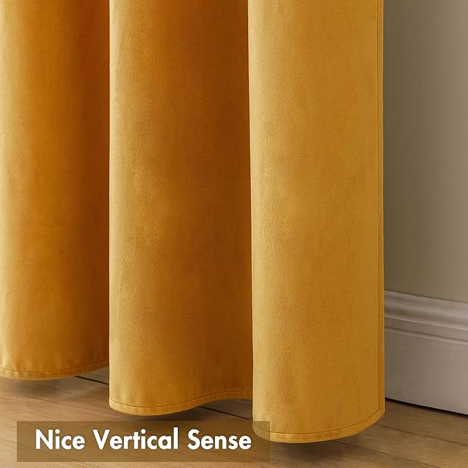 MIULEE Mustard Yellow Velvet Curtains Thermal Insulated Blackout Curtain Fall Drapes for Bedroom Living Room Darkening 90 Inches Long Curtains Panels Rod Pocket Set of 2