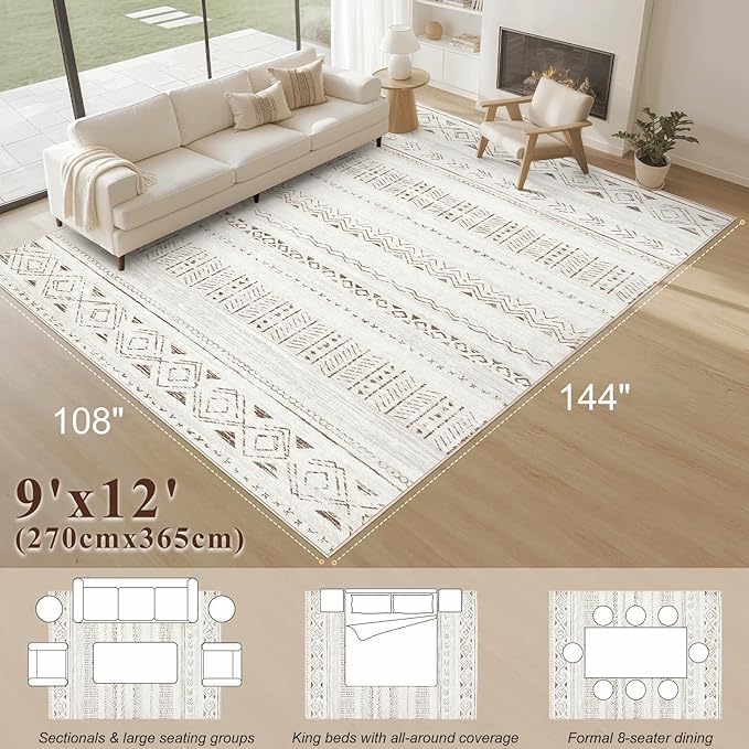 Area Rugs for Living Room Washable Living Room Rug Soft Neutral Indoor Floor Carpet Non-Slip Stain Resistant Modern Boho Rugs for Bedroom Dining Room Kids Room Nursery Office Home Brown/Cream