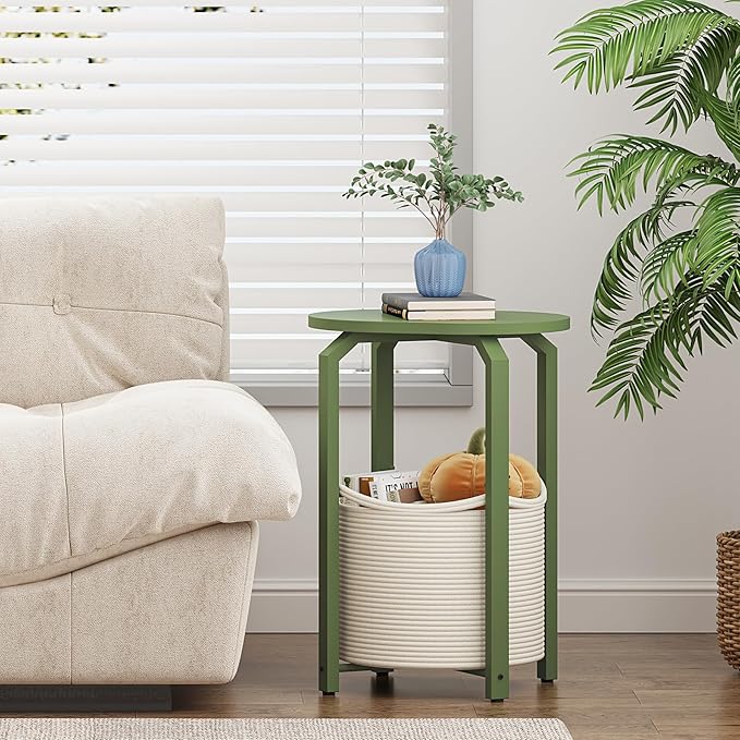 TUTOTAK Small Side Table, Oval End Table, Night Stand, Bedside Table, Sofa Table with Storage Basket, Living Room, Bed Room, Olive Green TB01BOG0932
