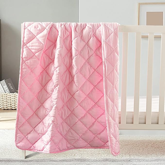 FLXXIE Machine Washable Microfiber Down Alternative Oversized Toddler Comforter, Super Soft and Lightweight Kids Crib Quilted Blanket for Stroller, Travel, 43x60 Inches, Pink