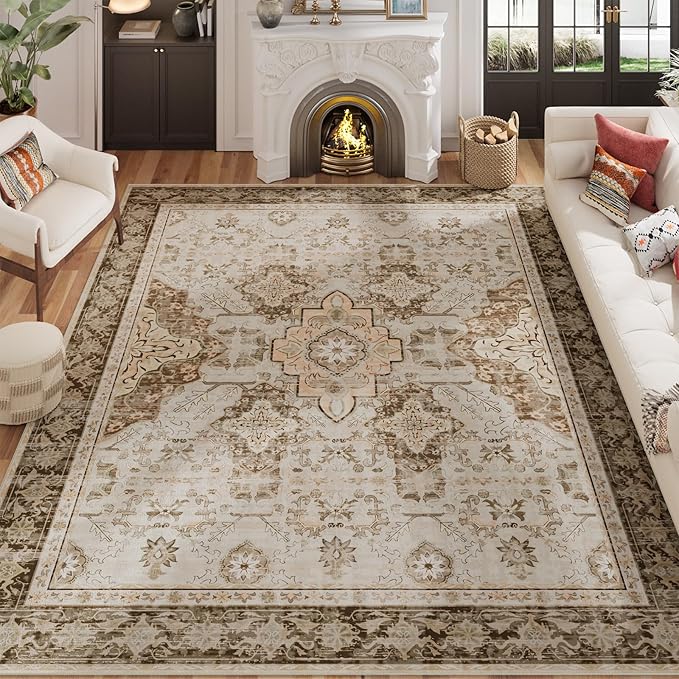 AMTOVO 8x10 Area Rugs for Living Room, Large Non-Slip Washable Rug, Boho Vintage Retro Medallion Print Pattern Carpet for Bedroom Dining Room Home Office Nursery Dorm Farmhouse, Light Brown
