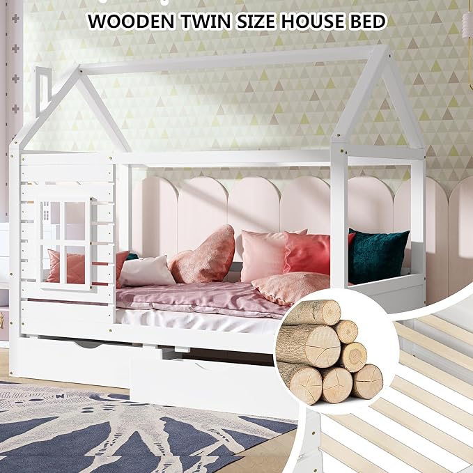 Aoowow Twin Size Kids House Bed with 2 Drawers, Wooden Twin Bed Frame with Window and Roof for Bedroom, Modern Twin Size Kid Playhouse Bed with Slats for Boys Girls, Can be Decorated, White