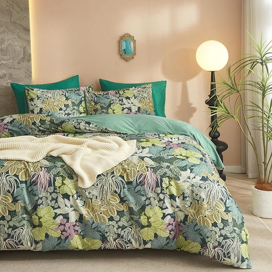 HighBuy Garden Leaves King Duvet Cover Cozy Cotton Vintage Tropical Green Bedding Sets Women Girls Chic Boho Comforter Cover Cottagecore Bedding Comforter Cover with 2 Pillowcases King Bedding