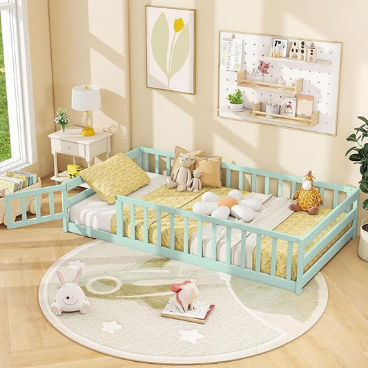 Giantex Twin Floor Bed with Door & Fence, Kids Wood Montessori Beds with Safety Guardrails, Floor Bed Twin for Kids, Boys, Girls, No Box Spring Needed, Mint Sky