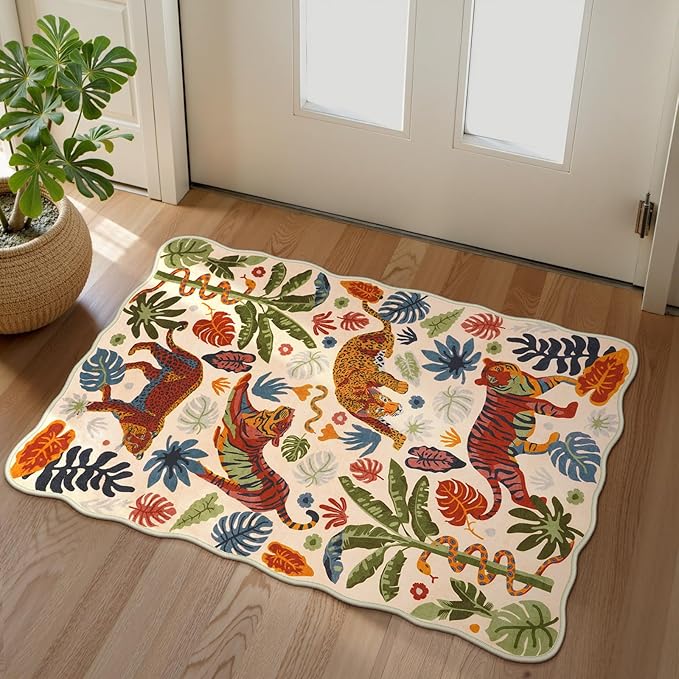 LEEVAN Washable Tiger Rug 2x3 Bathroom Rugs Non Slip Scalloped Beige Entryway Mat Leopard Front Door Mat Low Pile Rug Pad for Porch Soft Jungle Laundry Mat
