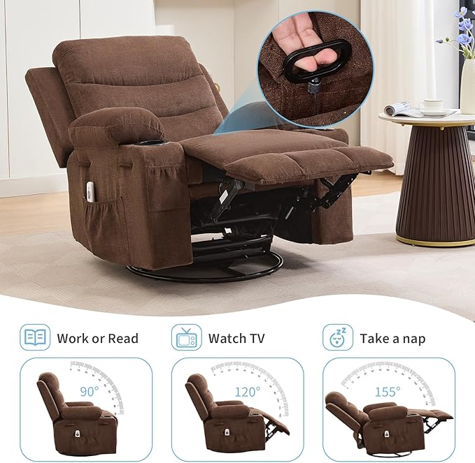 Recliner Chair Nursery, Oversized Manual Reclining Rocking Chair, 360 Swivel Glider with Cup Holder, Massage and Heat Recliner, Indoor Small Single Sofa Chairs for Adults, RV, Bedroom