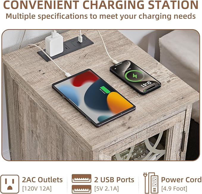 Narrow Side Table with Charging Station Set of 2, Night Stand with Glass Door,Bedside End Tables with Adjustable Shelf Storage Cabinet,Wood Nightstand for Small Spaces Living Room Bedroom