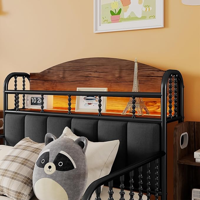 Ball & Cast Twin Size Toddler Bed W/LED Light,Metal Bed W/Storage Headboard & 2 3-Tiers Storage Shelves,Platform Bed Frame W/Safety Guardrails & Low Profile Design,for Boys Girls,Black