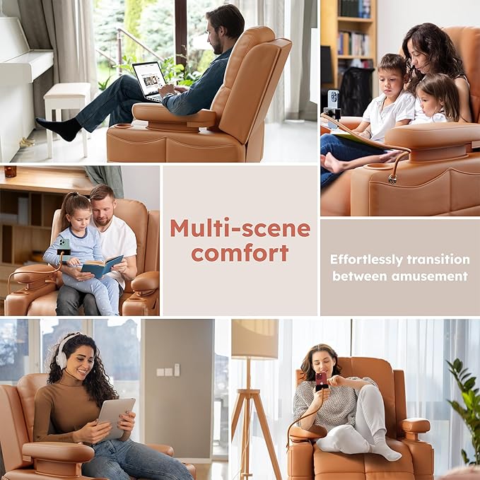 Triple Motor Power Swivel Rocker Recliner Chair with Adjustable Armrests for Adults Elderly, FSC Certified Faux Leather Rocking Chair Nursery for Breastfeeding(Brown)
