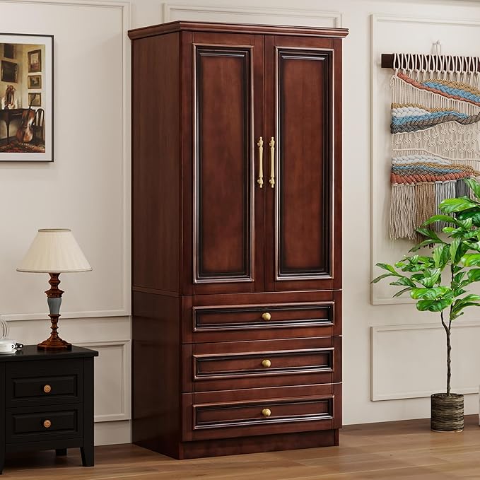Solid Wood Armoire:Wardrobe Cabinet with Drawers and Hanging Rod,Storage Closet Clothes Organizer for Bedroom Cherry Finish