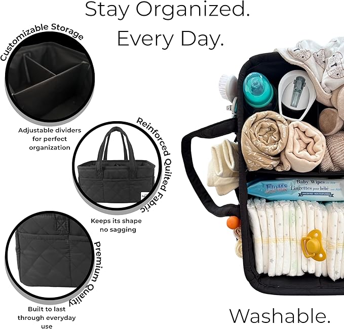 Adonia & Co Diaper Caddy Organizer – Large Nursery Storage Basket for Newborn Essentials – Portable & Machine Washable (Black)
