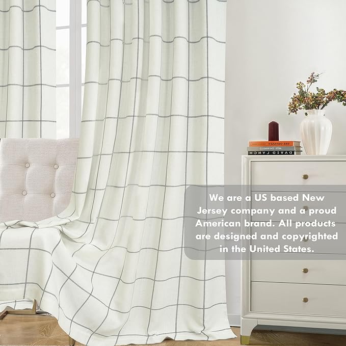 DriftAway 2 Panels 100% Blackout Windowpane Plaid Linen Curtains Double Layer Drapes for Bedroom 84 Inches Long Farmhouse Thermal Insulated 3.25 Inch Rod Pocket Back Tab for Living Room Gray