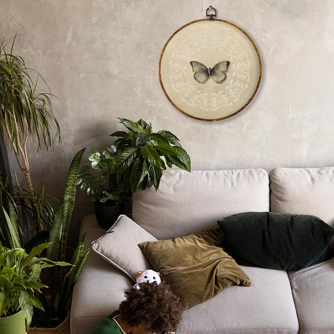 Hiuwevt Vintage Butterfly Round Wall Art Decor, Neutral Moody Butterfly Botanical Framed Canvas Prints, Retro Moth Round Wall Hanging Decor for Home Bedroom Living Room Decorations, 10x10 Inches