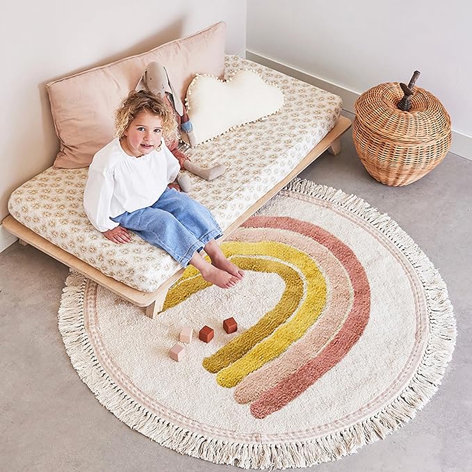 Rainbow Tassels Soft Area Rug for Girls Kids Room Washable Artificial Wool Bedroom Living Room, Kid Round Carpet Rainbow Pattern, Non-Slip Indoor Floor Carpet Home Decor, 3 Feet