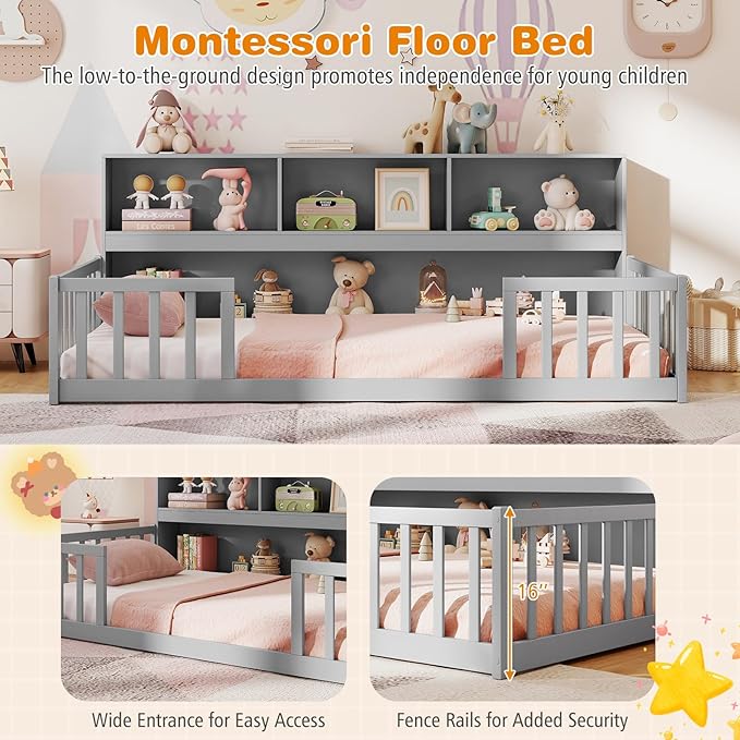 Giantex Twin Floor Bed for Kids, Wooden Montessori Bed Frame with Bookcase, Storage Shelves & Safety Fence Rails, Floor Beds Twin for Girls, Boys, No Box Spring Needed, Without Slats, Grey
