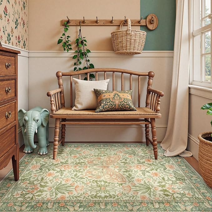 Collive 5x7 Butterfly Area Rug, Vintage Floral Rug for Girls Bedroom Washable Non Slip, Soft Boho Insect Carpet for Living Room Nursery Kids Room Playroom, Grass Green