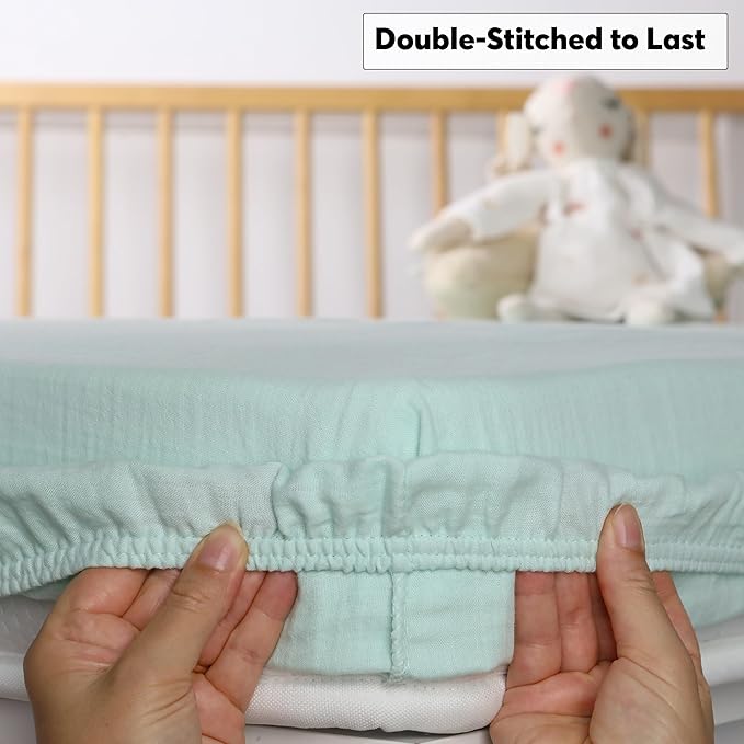 Muslin Baby Crib Sheets Fitted - Crib Sheets Neutral Turkish Cotton, Ultra Soft & Breathable - Organic Cotton Crib Sheets for Boys & Girls, GOTS & Oeko-TEX® Certified (52x28, Minty Green)