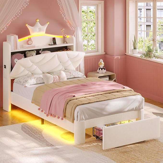MSmask Twin LED Bed Frame with Storage Headboard & Drawer, Princess Upholstered Bed with Charging Station & Crystal Button & Crown, Velvet Platform Bed for Girls, Solid Wood Slats, Curved Legs, White