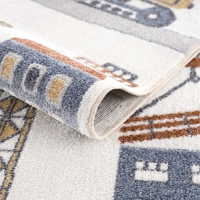 Hauteloom Olwen Kids Room, Nursery, Playroom Machine Washable Area Rug - Road, Construction Vehicles - Cream, Light Gray - 6'7" x 9'