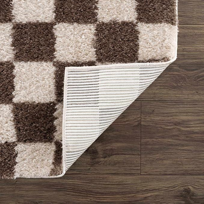 Hauteloom Canika Modern Checkered High Pile Area Rug - Contemporary Geometric Carpet for Living Room, Bedroom - Machine Washable Area Rug - Peach, Dark Brown - 6'7" x 9'